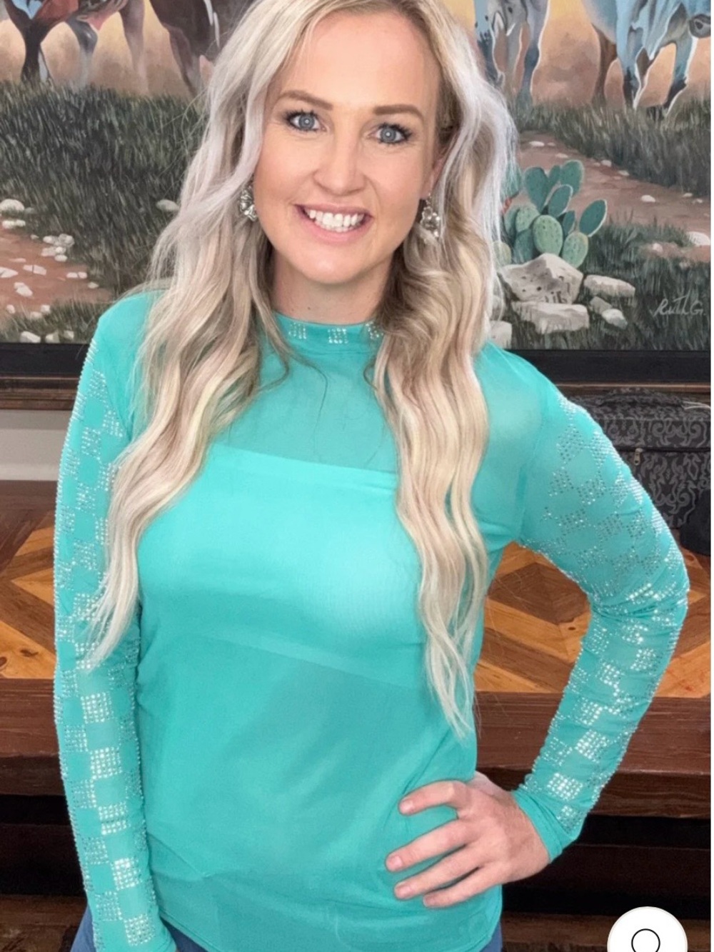 Sheer Mesh Long-Sleeve Top in Teal with Sparkle Sleeve Detail
